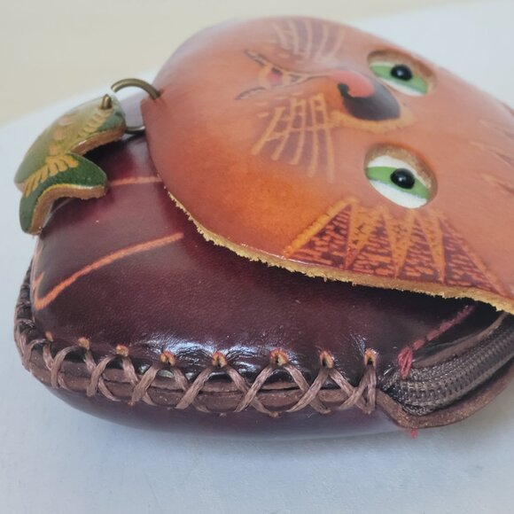 Leather Cat Kitty Face With Fish Charm Handcrafted Wristlet Coin Change Pouch - Picture 15 of 16